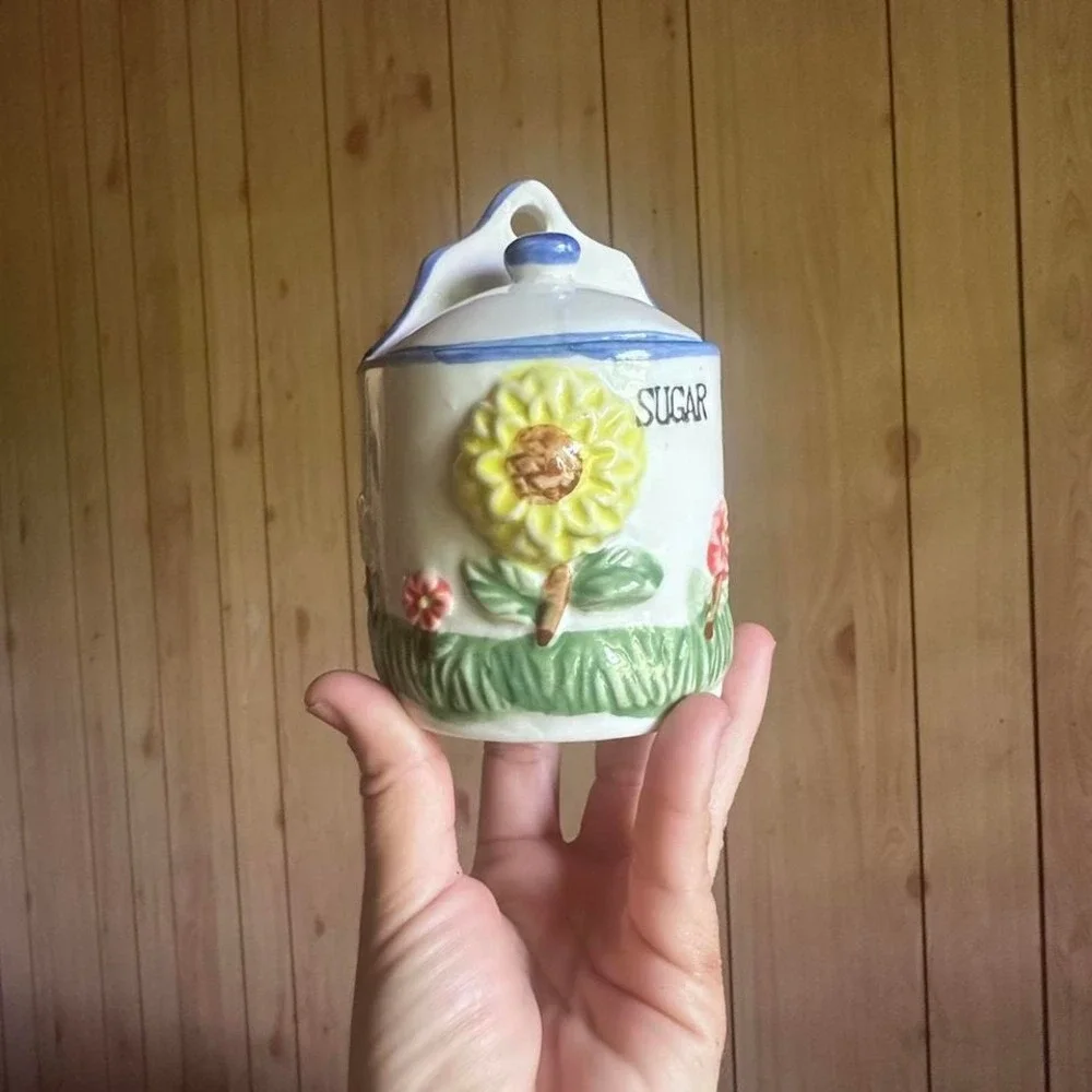 Vintage Ceramic Sunflower‎ Canister Set With Wooden Tray Coffee Tea Sugar